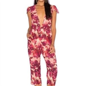 FOR LOVE AND LEMONS Sweet Jane Cropped Jumpsuit with Deep V Neckline, Red, Small